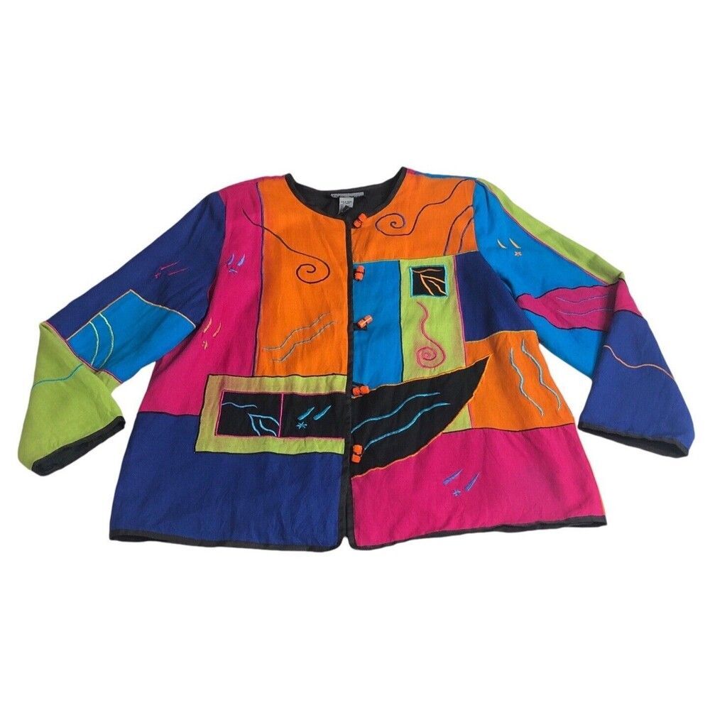 Indigo Moon Jacket Womens Large Colorful Patchwork Embroidered Boho Artsy Hippie